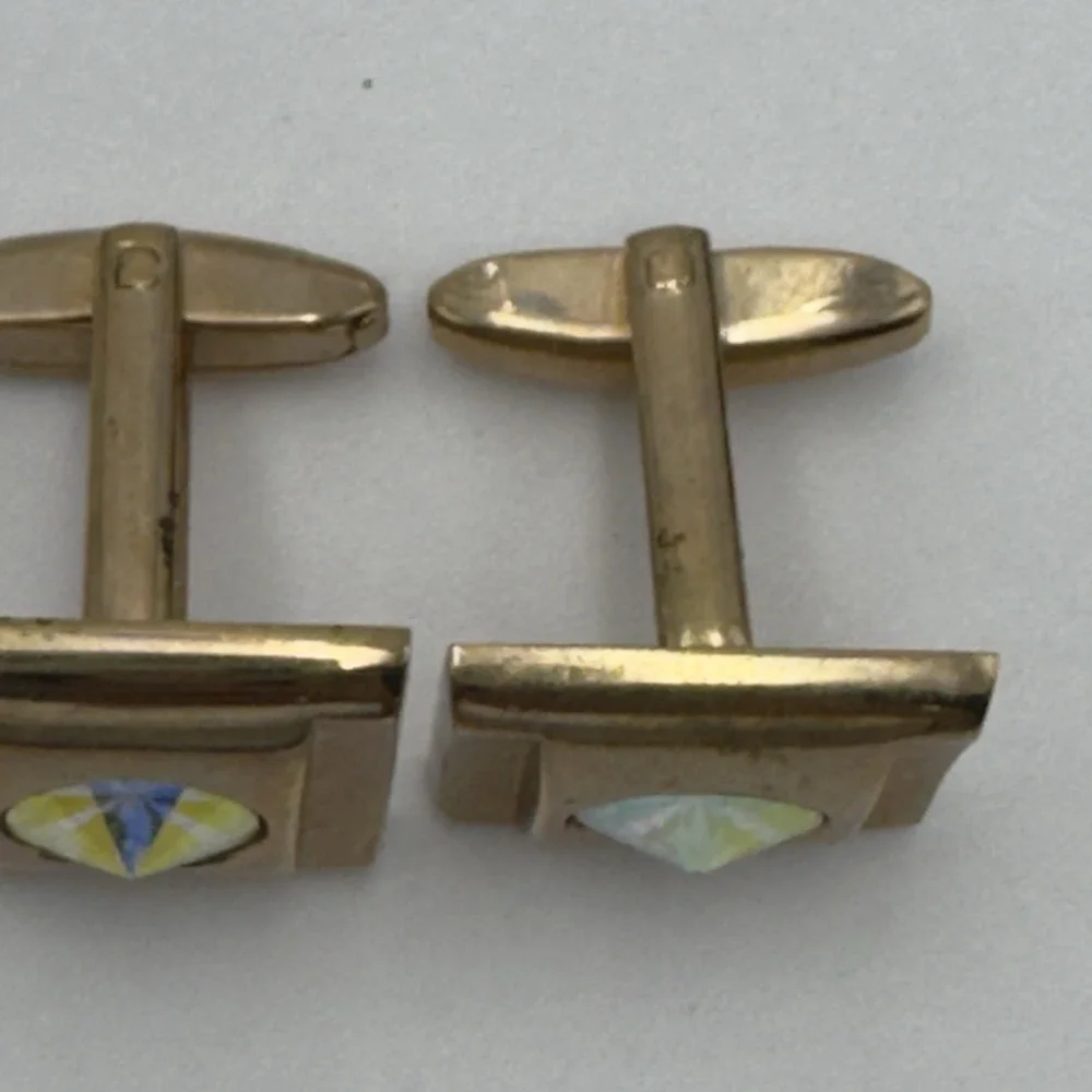 Cufflinks Sarah Coventry Vintage Gold Iridescent Rhinestones Formal Wear Vtg 5/8